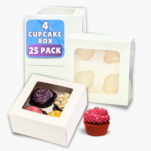 PACK N TRADE 25 Pcs cupcake boxes 4 hole - Removable Inserts Deep muffin boxes White cake box (17 x 17 x 7.5 cm) with Clear Window - Ideal for Muffins Cupcakes