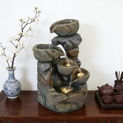 Outdoor Water Fountain with LED Lights, Resin Bowl Waterfall Fountain for Garden Decor Indoor Outdoor Use, 10.2"x6.9"x15.7" (Light Brown)