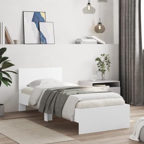vidaXL Cadre de Lit avec Tête de Lit et Lumières LED, Lit Simple avec Sommier à Lattes, Lit Adulte, Meuble de Chambre, Moderne, Blanc 90x200 cm