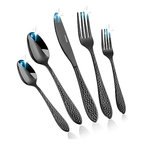 VIVANI Arlox 40-Piece Black Silverware Set for 8, Stainless Steel Black Flatware Set, Hammered Utensils Cutlery Set, Mirror Polished, Dishwasher Safe Cover