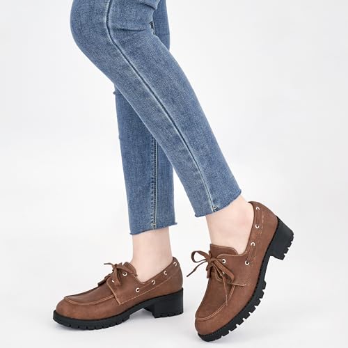 Image of Ablanczoom Platform Oxford Shoes for Women : Lace Up Women's Platform Chunky Loafers with Lug Sole Dress Shoes for Work Business Brown