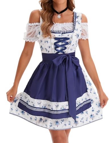 ZEAGOO Dirndl Kleider Damen Trachtenmode Retro Trachtenrock Kleid für Oktoberfest Festilche Anlässe Floral Blau XL