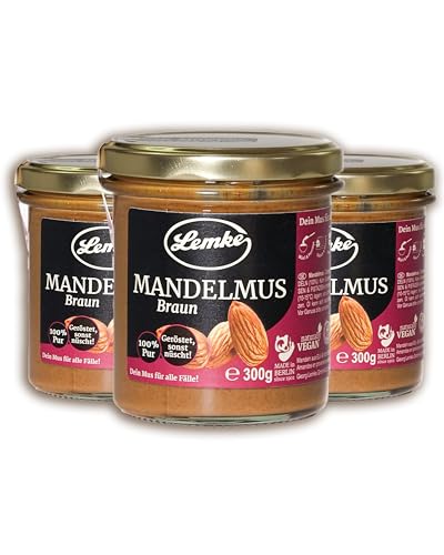 Lemke Braunes Mandelmus 3 x 300 g – 100% Mandeln | Ohne Zusätze | Vegan | Mandelmus Braun aus...
