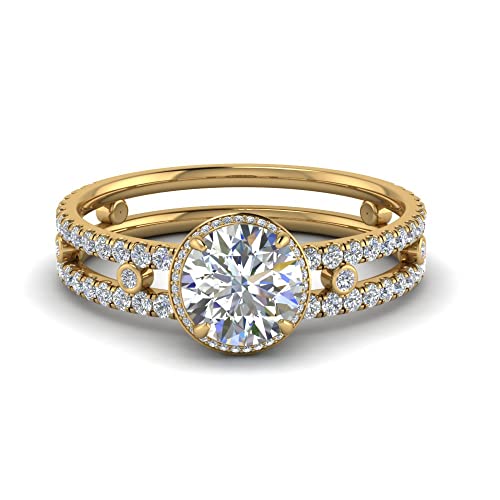 Bague de fiançailles halo caché avec anneau à bande divisée solide en plaqué or jaune