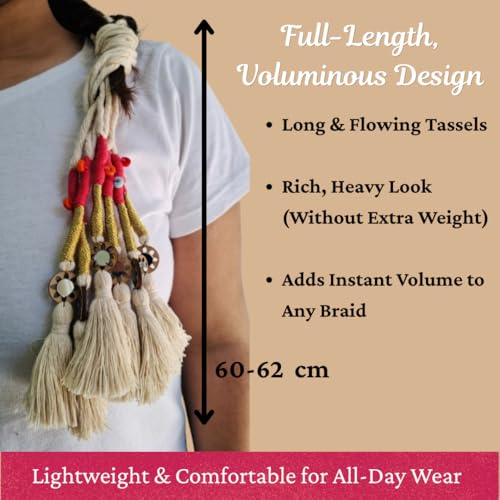 Image of Zippy Flora Handmade Boho Parandi / Paranda Traditional Hair Accessory for Women & Girls | Ethnic Braided Hair Tassels, Choti Hair Extension, Decorative Braid Jewelry for Festive & Wedding Hairstyles (Neelima Off-White)
