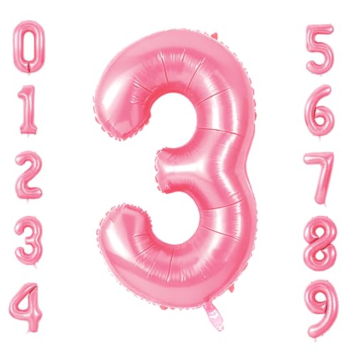Number 3 Balloons for 3th Birthday Party Decorations, 0-100 Large No.3 Balloons for Girls Boys and Daughter Son, 40 Inch Jewelry Pink Foil Helium Balloon for 3 Year Old Anniversary Decorations