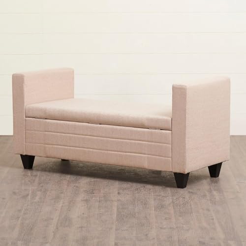 Image of 2 Seater Sofa Bench with Storage | Upholstered Fabric Ottoman Bench with Armrest | Hidden Storage Seating for Living Room Bedroom Entryway | Modern Lounge Bench Footrest Seat | Beige