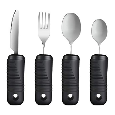 YPCBYNBS Adaptive Utensils,Easy Grip Silverware,Built Up Bendable Fork,Teaspoon,Tablespoon and Knife for Elderly,Hand Tremors,Arthritis and Parkinson's Patients,4 Piece Set Cover
