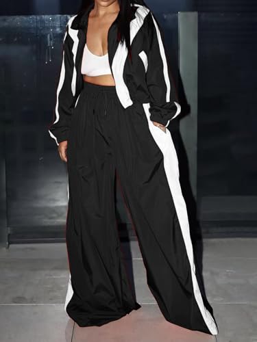 Ecirod Womens Color Block Sweatsuit Set 2 Piece Outfits Zip Up Sweatshirt High Waisted Wide Leg Pants with Pockets2