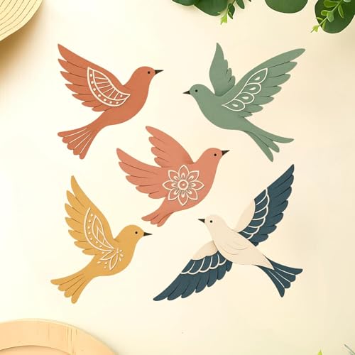Image of GiftOday Wooden 3D Birds Wall Art Panel - Set of 5 | Handcrafted Wood Bird Folk Art Hanging for Living Room, Bedroom, Dining & Office Wall Decoration (Pack of 1)