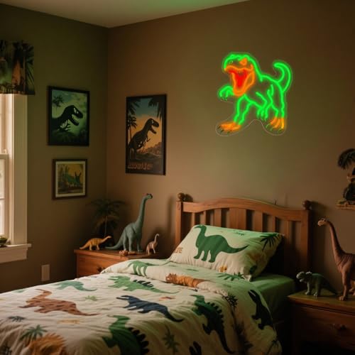 Image of Dinosaur Neon Wall Sign - Dimmable T-Rex LED Light for Jurassic Party, Boys Bedroom, Halloween Decor, Spooky Gift for Teens, 14.5x13.6 inch USB Powered