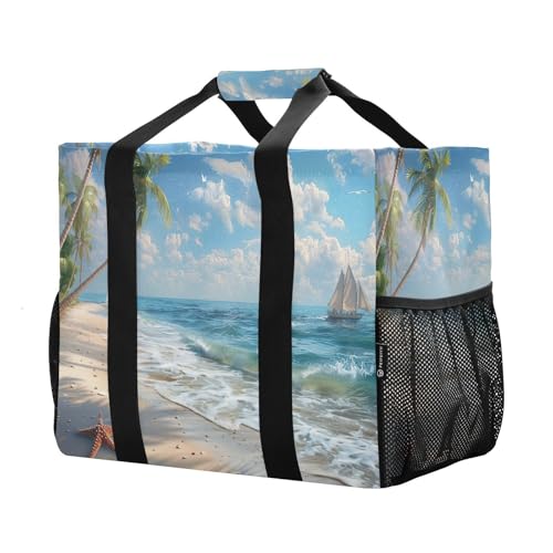 YETTASBIN Palm Tree Beach Large Foldable Travel Tote Bag, Lightweight Waterproof Swim Pool Bag with Handles & Pocket for Beach Outdoor, Reusable Grocery Bag for Kitchen, Shopping
