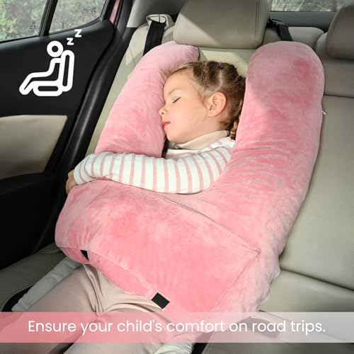 Image of Travel Pillow, Car Pillow for Kids & Adults, Kid Travel Sleeping Pillows for Neck & Body Support, Car Travel Essentials Pillow on Road Trips, Pink