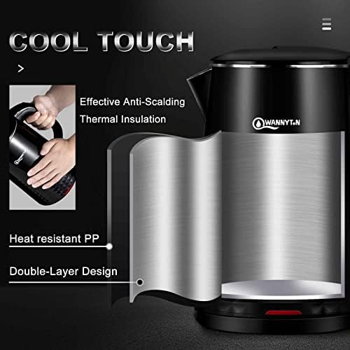 WANNYTON Stainless Steel Electric Kettle, Black Kettle Fast Boil Kettle Electric Cordless Water Boiler, Tea Kettle, Double Wall Design, Auto Shut-Off, Boil Dry Protection, BPA Free, 1.8 Litres, 1800W
