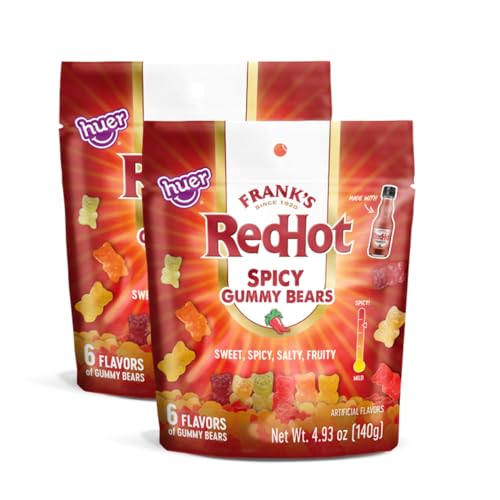 Huer - Frank's RedHot Original Spicy Gummy Bears 2 Pack - Sweet, Spicy, Salty, Fruity Candy - 6 Flavors - A Fiery Twist on Classic Gummies - 4.93oz Bags (Pack of 2)
