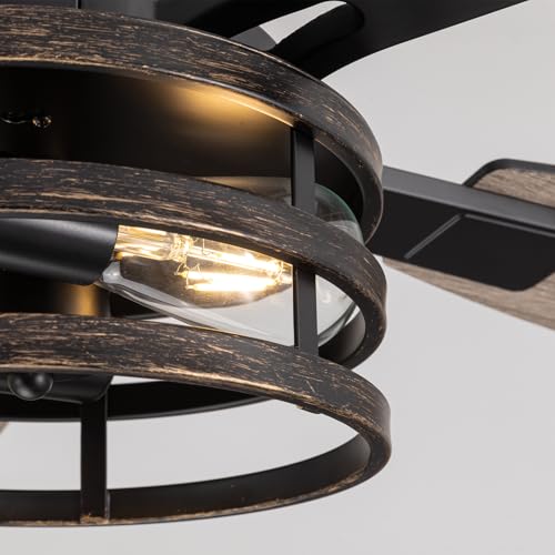 Image of 52-Inch Retro Black Downrod Curved Tube Ring-Style Iron Cage Ceiling Fan with Light Industrial Energy-Saving Quiet Strong Airflow for Living Room Bedroom