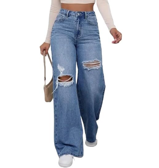 Women's High Waist Distressed Wide Leg Comfortable Fit Jeans - Black, Medium, Light Wash
