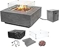 AMS Creations | Albany Square Propane Gas Outdoor Fire Pit Table | Concrete GFRC Fire Pit Table | with SS Lid, Canvas Cover, Tank Cover, Lava Rock and Wind Guard Included (Fuel Type: Liquid Propane)