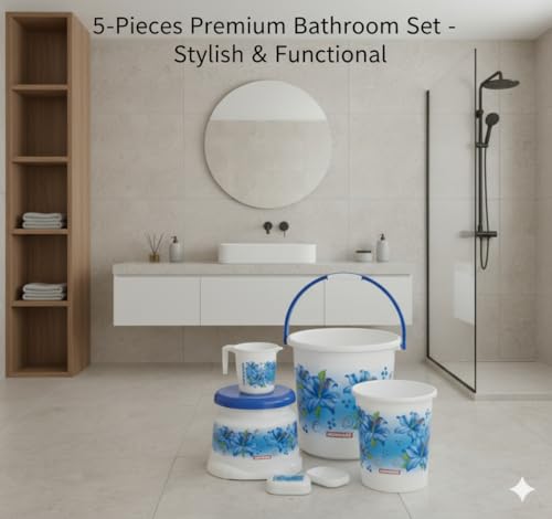 Image of MODWARE Floral Bathroom Set, 5 Pieces, Polypropylene, 20 L Bucket with Mug, Soap Case, Open Dustbin, Stool (Blue)