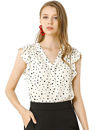 Allegra K Women s Chiffon Ruffle Flutter Sleeves Half Placket V Neck Dot Print Blouse Top Large Beige