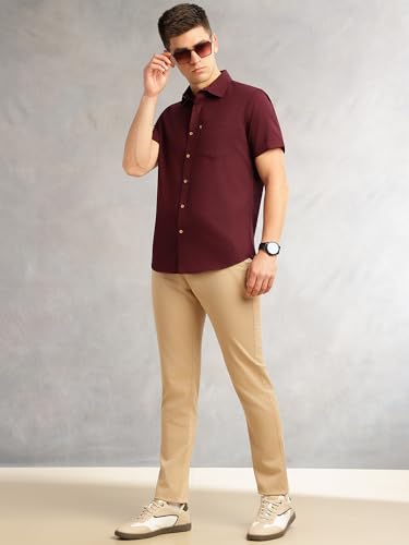 Image of Thomas Scott Men's Premium Slim Fit Casual Shirt | 100% Cotton Twill | Short Sleeves | Spread Collar | Solid Smart Casual Shirt for Men