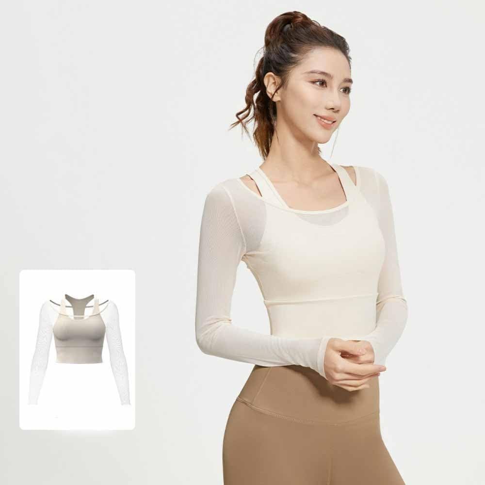 Fitness Yoga Top, Yoga Clothes Women Sports Tops Fixed Chest Pads Mesh Slimming Long Sleeves Fashionable Running Training Fitness Clothes(Black)