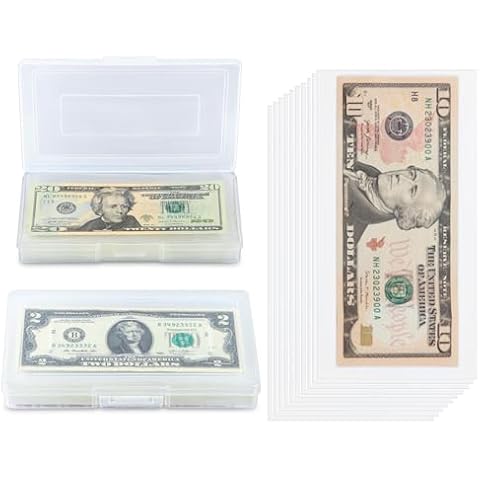 MUQING 200 Packs Currency Sleeves with Plastic Storage Case, PP Material Clear Dollar Bill Holder for Collector, Paper Money Currency Sleeves Top Loading, Protector for Banknote, Stamp and Coupons Cover