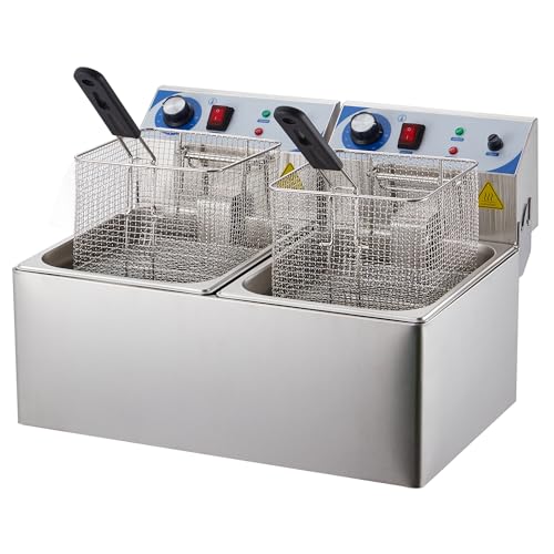 PULLAFUN Electric Deep Fryer, 10 L x 2 Deep Fryer with Basket, Adjustable Temperature Control, Perfect for Fried Chicken, Shrimp, French Fries, Chips & More, Removable Oil-Container, Stainless Steel