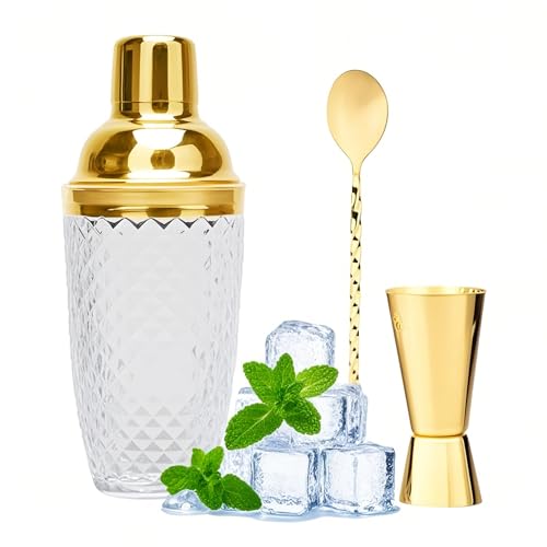 LUPATDY Glas Cocktailshaker,400ml Cocktail Shaker Set,Cocktail Shaker Glas Mixer mit Edelstahl Messbecher und Schaufel,Gläser Shaker für Zuhause Bar Wein Gemischte Fruchtsäfte Getränke,Gold