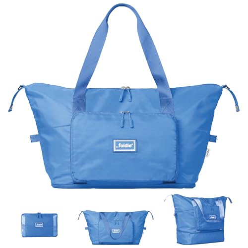The Foldie Foldable Travel Tote Bag for Women - 40L Weekender Overnight Bag Duffel with Multiple Pockets and Luggage Sleeve - Airline-Approved Underseat Carry On Personal Item Travel Bag - Azure