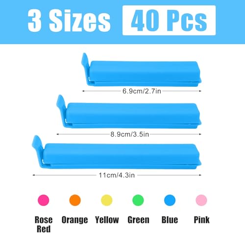 Redamancy 40 Stück Verschlussclips, Länge 7cm, 9cm, 11cm Mehrere Farben Clips für Tüten, Lebensmittel Clips, Verschlussklammern Clips für Versiegeln Gefrierbeutel, Snacks, Nüsse, Kaffee