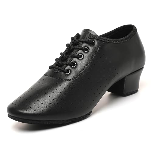 Dance Shoes for Women, Lace-up Black Jazz Shoes, Professional Latin Dance Heels, Ballroom Salsa Dance Shoes, Closed-Toe Split-Sole Low-Heel, Teaching Practice Performance Character Shoes