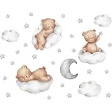 Wandsticker Teddybär auf Wolke in Sanften, Wandtattoo Babyzimmer Junge Mädchen, Farben Kinderzimmer Wanddeko mit Sternen Mond Spruch Selbstklebende Baby Deko Zimmer Sticker, PVC Wandaufkleber