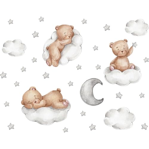Wandsticker Teddybär auf Wolke in Sanften, Wandtattoo Babyzimmer Junge Mädchen, Farben Kinderzimmer Wanddeko mit Sternen Mond Spruch Selbstklebende Baby Deko Zimmer Sticker, PVC Wandaufkleber