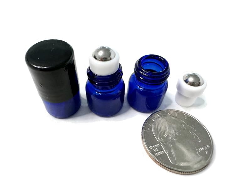 COBALT BLUE 1ml Glass Micro Mini Roll on Roller Bottles with Stainless Steel Roller Balls and Flat Black Caps 144 each.