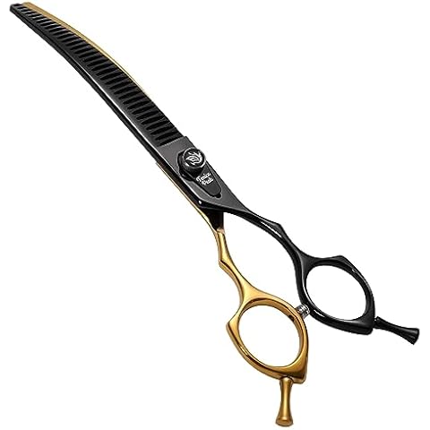 Fenice Peak Black and Golden Professional Curved Chunker Dog Grooming Scissors 7.5'' 440C Stainless Steel Thinner Shear Sharp and Durable with Decorative Screw Cover
