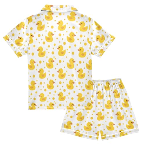Cute Yellow Ducks Summer Satin Pajama Set, Cute Button-Down Sleepwear Pj Set for Sleep Wears2