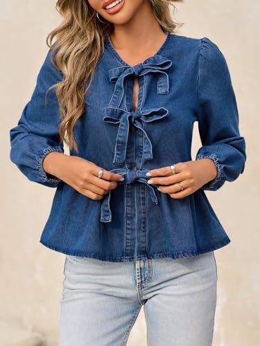 Tankaneo Womens Denim Tie Front Tops Babydoll Peplum Cute Blouse Puff Long Sleeve Going Out Jean Shirts4