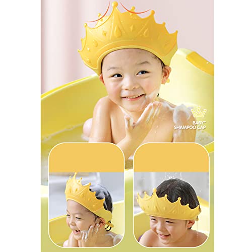 Image of Baby Shower Cap - Adjustable Shampoo Cap for Toddlers 6M-9T, Bath Visor for Kids with Crown Design, Waterproof Hair Washing Shield for Eye & Ear Protection (Yellow)
