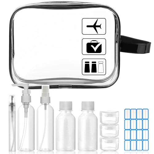 Trousse de Toilette Transparente + 8 Bouteilles Vide - Kit de Voyage avec Pochette Étanche et Sac Transparent pour Produits Toilette - Conforme aux Normes Aériennes