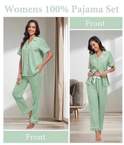 Image of CF Womens 100% Cotton Pajamas Set Button Down Pjs Sets Short Sleeve Top & Long Pants Sleepwear Comfy Loungewear with Pockets
