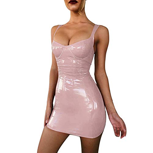 Vestidos sexy femininos de couro envernizado de corte baixo sem mangas costas nuas Mini vestido para