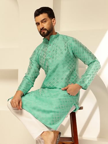 Image of SOJANYA (Since 1958 Men's Jacquard Silk Woven Motifs Kurta With White Pyjama
