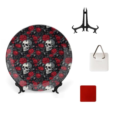DULAHR Gothic Skull Rose Bone China Decorative Plate Ceramic Decorative Plate Home Wall Decor with Vertical Stand Decorative Plates