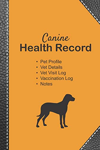 Canine health record: Dog vaccine record book | Pet health record | Puppy vaccine record | 101 pages, 6"x9" | Paperback | orange background ... leather reinforcement black dog silhouette