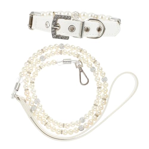 ERINGOGO 2 Piezas Collar y Correa para Perro con Perlas Blancas Elegante y Duradero para Paseos Entrenamiento y Sesiones de Diseño Atractivo para Mascotas Pequeñas y Medianas
