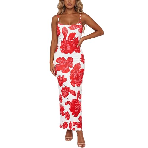 Image of Womens Summer Casual Floral Dresses Spaghetti Strap Bodycon Maxi Beach Dress Elegant Evening Party Long Dresses