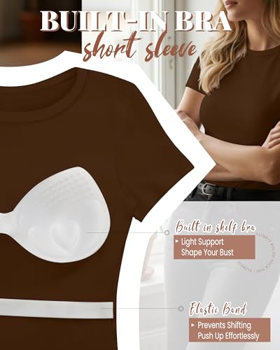 Image of Evervibe Women Built-in Bra Short Sleeve Shirts Crewneck T-Shirt Slim Fit Going Out Tops Casual Summer Basic Tees