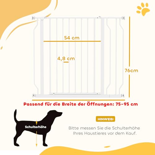 PawHut Türschutzgitter Treppenschutzgitter mit 10 cm Verlängerung Türgitter ohne Bohren Treppengitter für Breiten 75-95 cm Beidseitige Einhand Öffnung Schwenkbar Stahl Weiß