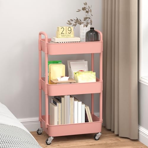 Image of Sywhitta 3-Tier Plastic Rolling Utility Cart with Wheels for Storage, Pink | Multi-Functional Storage Trolley, for Office, Living Room, Kitchen, Bathroom,Movable Organizer,Space-Saving,Easy to assemble